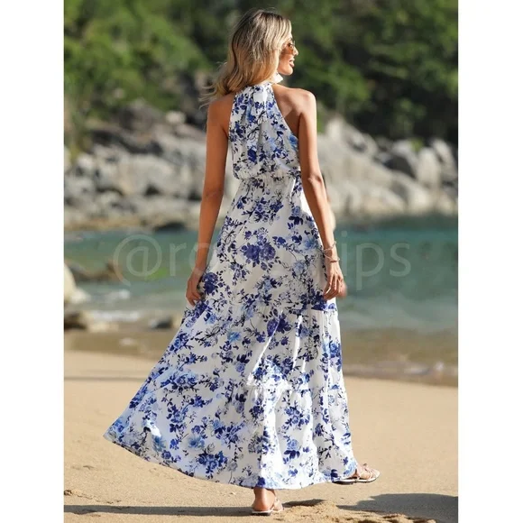 Floral Print Maxi Dress High Neck White Blue Long Flared Halter - Picture 5 of 6